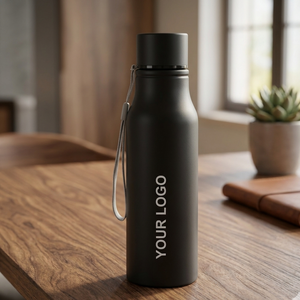 Matte Black Single Wall Water Bottle with Strap