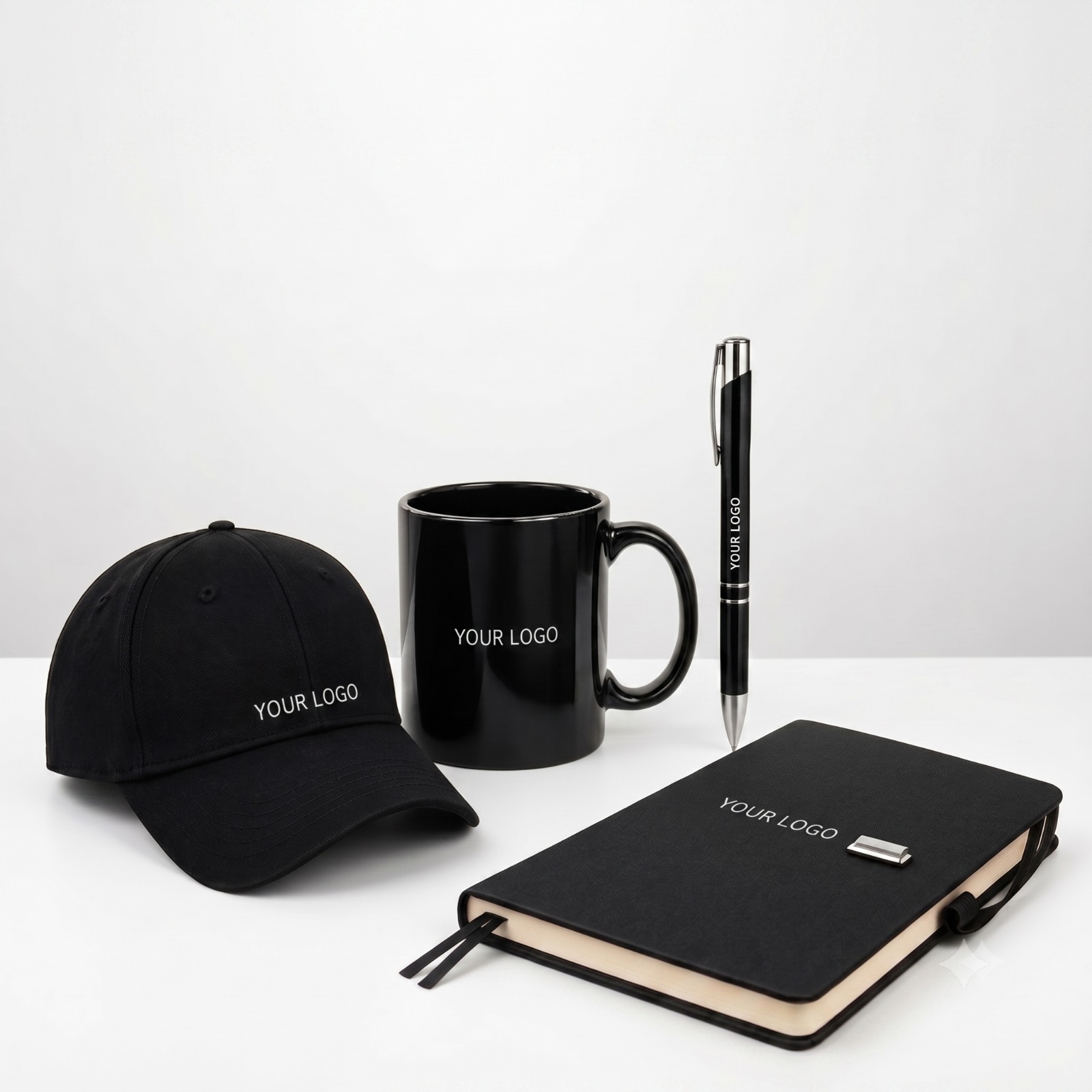 Black Corporate Gift Combo – Cap, Mug, Pen & Notebook